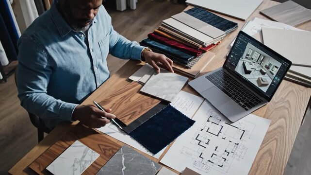 Interior designer or architect reviewing material samples, floor plan, and 3d rendering on laptop at wooden desk