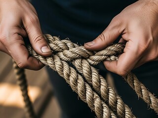 Hands manipulating a robust nautical rope, displaying skilled craftsmanship