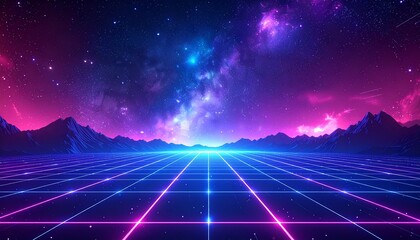 A vibrant retro-futuristic landscape with a glowing neon grid extending towards a colorful starry sky and distant mountains, evoking an 80s synthwave aesthetic.