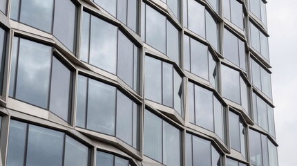 Modern geometric building facade featuring angular reflective glass windows under an overcast sky, showcasing contemporary urban architecture.