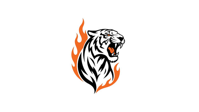 A roaring tiger head is surrounded by flames, a stylized illustration rendered in bold black and orange against a white background