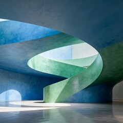 Spiral architectural structure with blue and green hues