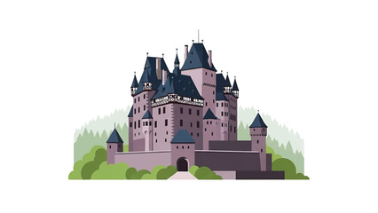A regal castle, illustrated in a charming flat style, features multiple towers, a dark blue roof, set against a backdrop of trees. It is on a white background © Kaki
