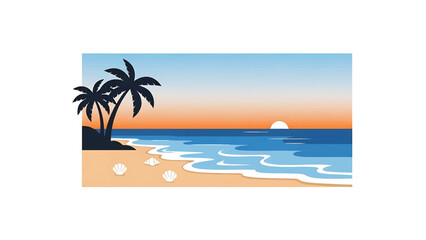 Obraz premium A seaside scene depicted with palm trees on a sandy beach, shells, and a sunset over the ocean. Simplified, graphic style