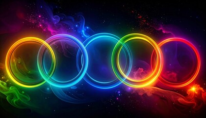 Obraz premium Harmonious Rings: A vibrant display of interconnected rings glows with radiant colors, creating a dynamic visual representation of unity and interconnectedness.