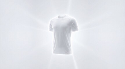 Floating White T-Shirt with Luminous Aura on White Background, Cleanliness and Purity Concept