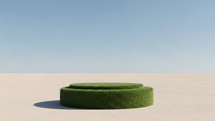 Minimalist showcase podium with vibrant turf against a clear blue backdrop