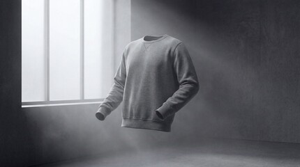 Blank Grey Sweatshirt Floating in a Minimalist Room with Dramatic Light Rays &ndash; Apparel Mockup Concept