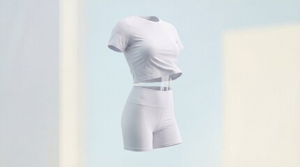 3D Rendered White Women's Athletic Outfit. Crop Top and Shorts on Minimalist Background. Modern Fitness Apparel Design.