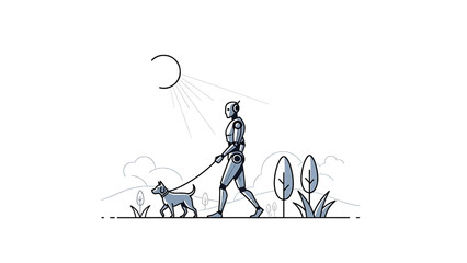 A robotic figure takes a canine for a walk on a sunny day. The illustration features a minimalist design with simple lines and shading
