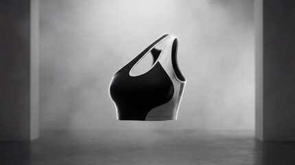 Sleek Black and White Sports Bra Floating in Studio. Modern Athletic Top for Fitness and Workout Apparel.