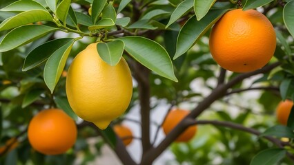 Fresh oranges on tree branch outdoors.