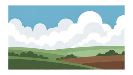 Obraz premium A serene landscape features rolling hills, lush fields, fluffy clouds against a blue sky, and hints of trees, evoking peacefulness