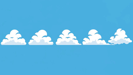 A serene sky scene featuring five fluffy white clouds against a bright blue backdrop. The clouds are different shapes and sizes