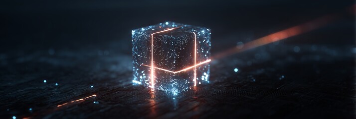 Abstract digital cube with glowing particles and lines representing data flow, technology visual, futuristic computer design concept for digital media