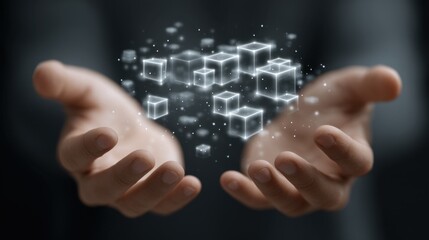 Hands Interacting with Glowing Digital Blocks Representing Connectivity and Technology in a Futuristic Environment