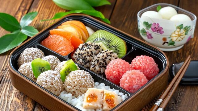 Colorful bento box lunch with rice balls, fruit, and other treats