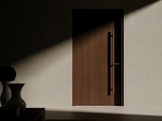 Modern interior scene featuring an elegant wooden door and vases under light