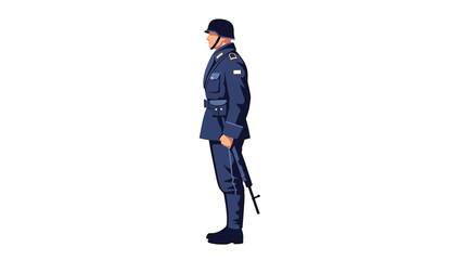 A side-view illustration of a person in military garb, bearing a rifle. The soldier is dressed in a dark-blue uniform, complete with a helmet and belt