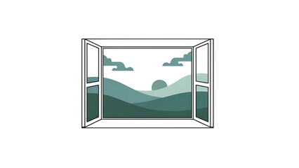 Fototapeta premium A serene view of hills and the sun peeking through the clouds is seen through an open window, in a minimalist style
