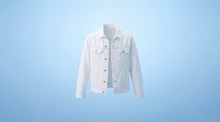 Stylish White Denim Jacket Floating on Serene Light Blue Background