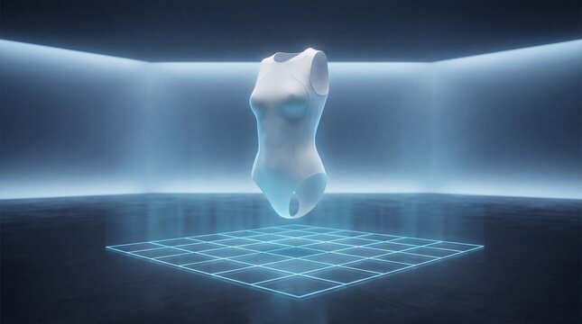 Futuristic digital fashion concept: 3D rendered white female bodysuit floating over a glowing grid in a virtual tech environment.