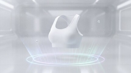 White Sports Bra Floating on Futuristic Display. Clean 3D Render of Activewear in High-Tech Minimalist Environment