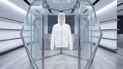 Futuristic Retail Interior: White Hoodie in Modern Glass Display, Minimalist Store Design