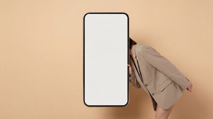 Conceptual image of a person's head inside a large blank smartphone screen, symbolizing digital immersion and screen time.