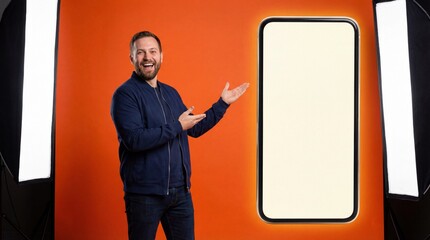 Cheerful man pointing to a blank smartphone screen for app or product presentation on vibrant orange background.