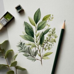 greenery arrangement on office paper with pencil