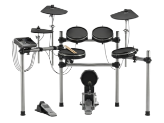 Modern Electronic Drum Kit with Sticks and Pedals, Isolated on White