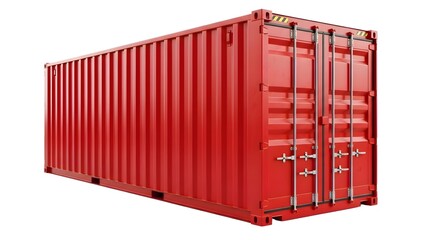 Red Cargo Shipping Container Perspective View with Closed Doors Isolated on White Background