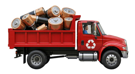 Red dump truck loaded with used batteries for recycling, isolated on white background
