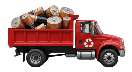 Red dump truck loaded with used batteries for recycling, isolated on white background