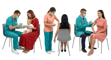 Medical professionals administering vaccines to adults and a baby, diverse group