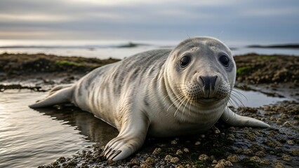 Grey seal on rocky beach shore.