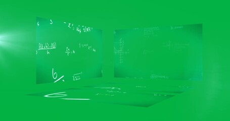 Animation of three boards with scientific formulas in a blue background - Powered by Adobe