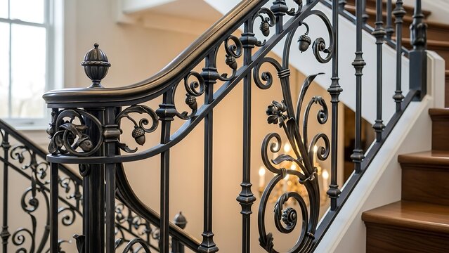 Ornate wrought iron staircase railing detail.