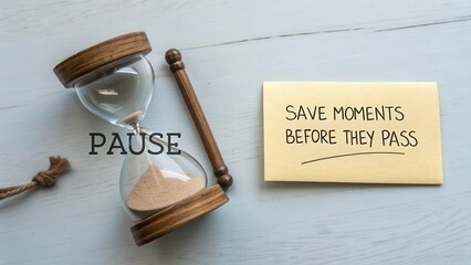 Hourglass with Sand and Sticky Note Promoting Mindfulness and The Importance of Saving Moments in Life