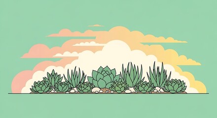 Serene succulent garden at dusk, against a pastel sky, stylized design