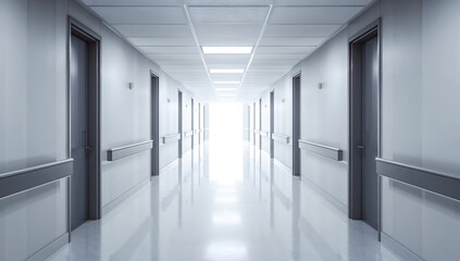 Long, brightly lit hospital corridor with doors on both sides and a bright light at the end