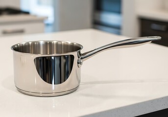 Single Stainless Steel Saucepan on Modern Kitchen Countertop Surface
