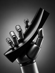 Sleek robotic hand holding a futuristic black slab in a muted setting