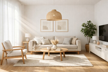 Bright and modern living room with neutral decor, a comfortable sofa, and natural light.