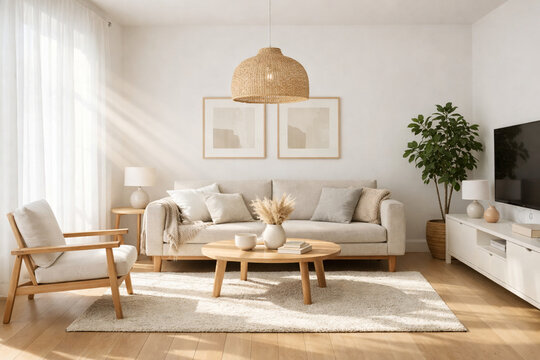 Bright and modern living room with neutral decor, a comfortable sofa, and natural light.