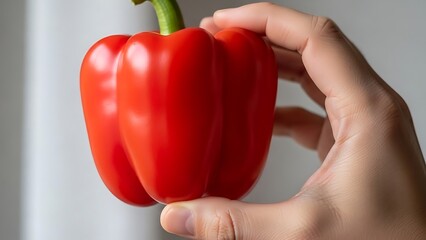 Vibrant Red Bell Pepper Held Delicately in Hand, Promoting Healthy Food Choice