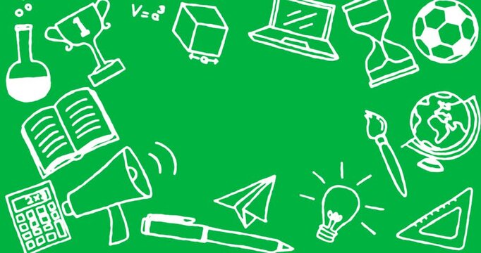 Animation of multiple white school pictograms on black background