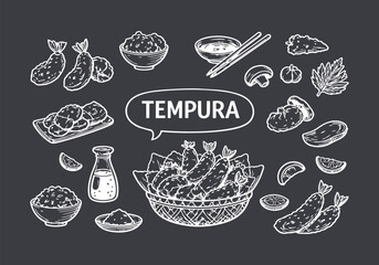 Hand-Drawn Tempura Dish and Ingredients Collection