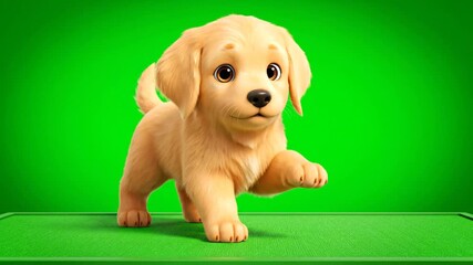 Adorable Golden Puppy Walking with Curious Expression on Green Screen Background Animated Cartoon Character Perfect for Decoration and Symbolizing Joy Playfulness and Innocence Full Shot